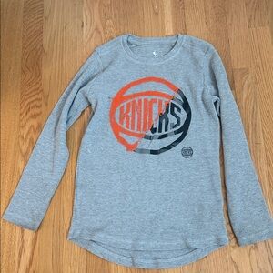 Knicks NBA Gray Long Sleeve Kids Tee with Orange and Black Graphic